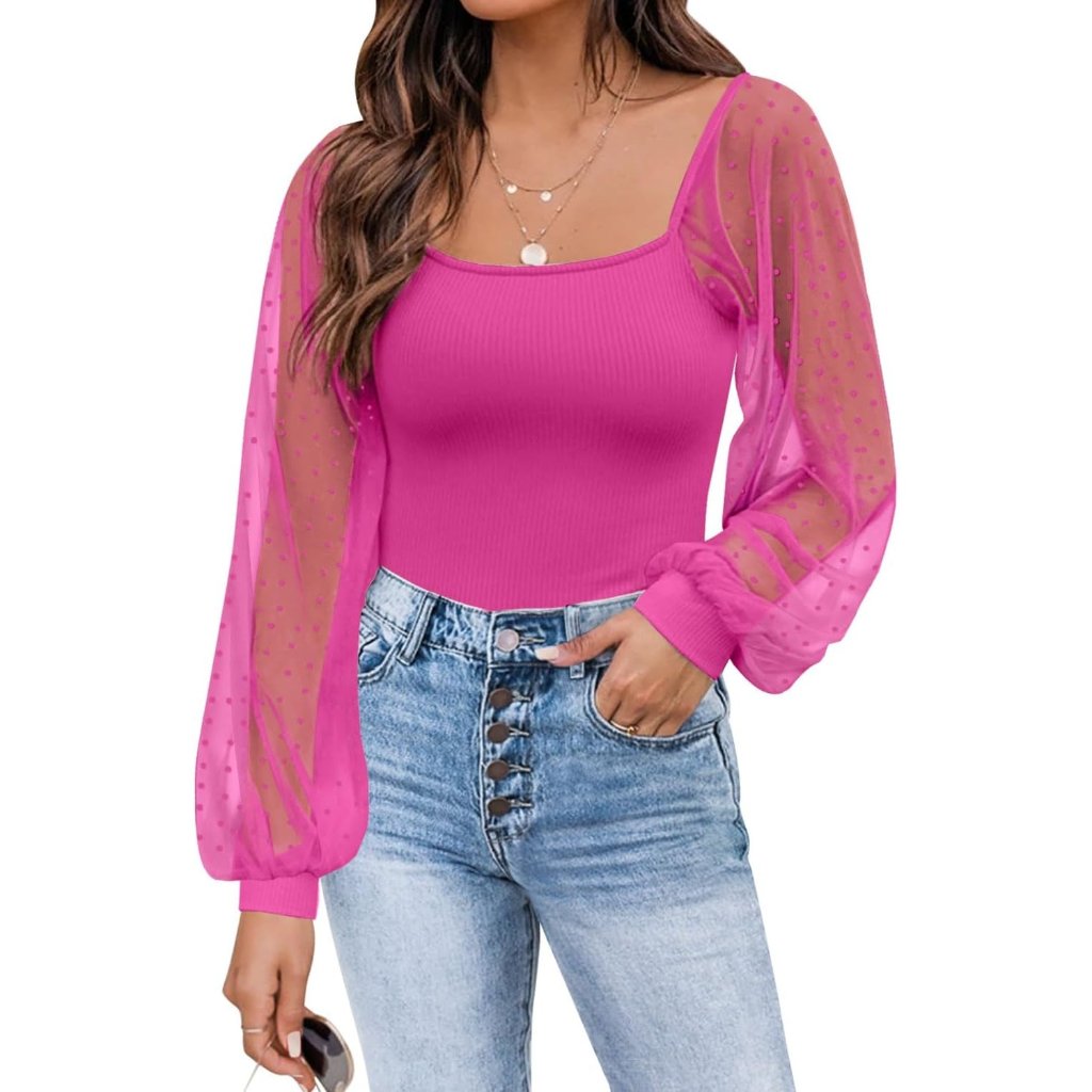 Womens Pink Mesh Long Sleeve Shirts Casual Blouses Top